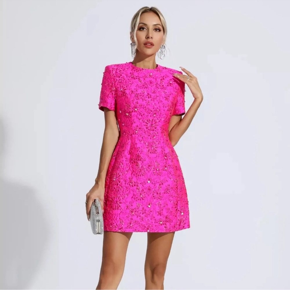 Astrid Pink Jaquard pink floral mini dress